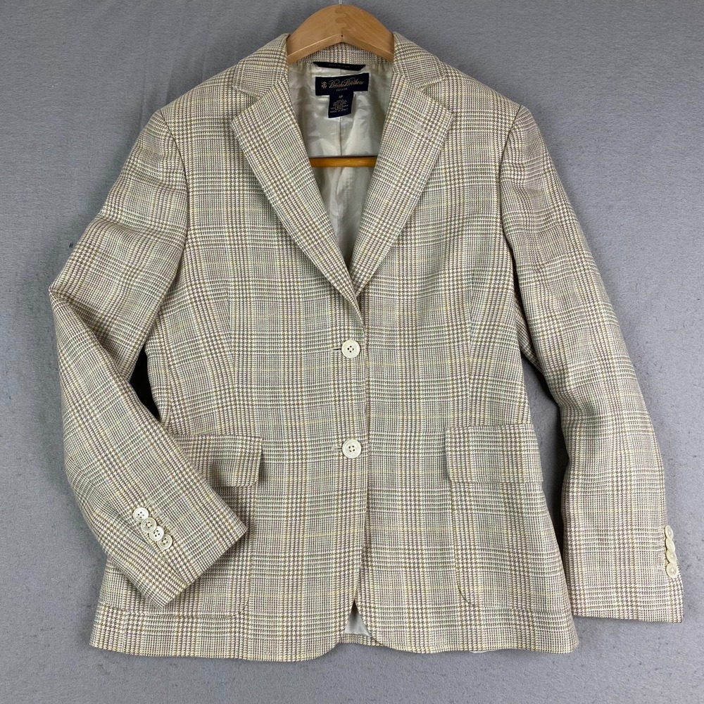 Brooks Brothers Womens Blazer 4p windowpane silk linen‎ Wool Jacket Lined